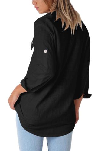Black Buttoned Pockets Shawl Collar Linen Blouse