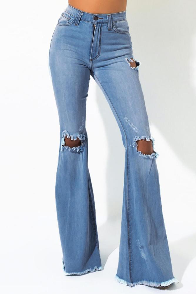Sky Blue High Waisted Distressed Flare Jeans