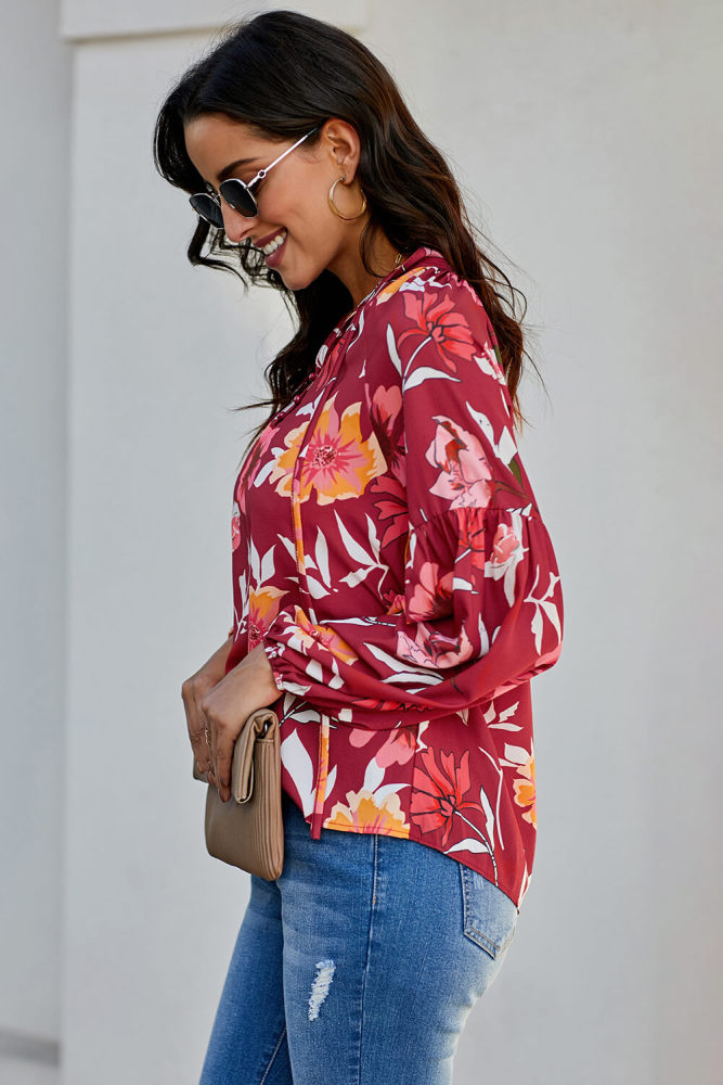 Red Hues Of Autumn Floral Lantern Sleeve Blouse