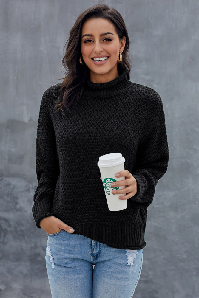 Black Oversized Chunky Batwing Long Sleeve Turtleneck Sweater