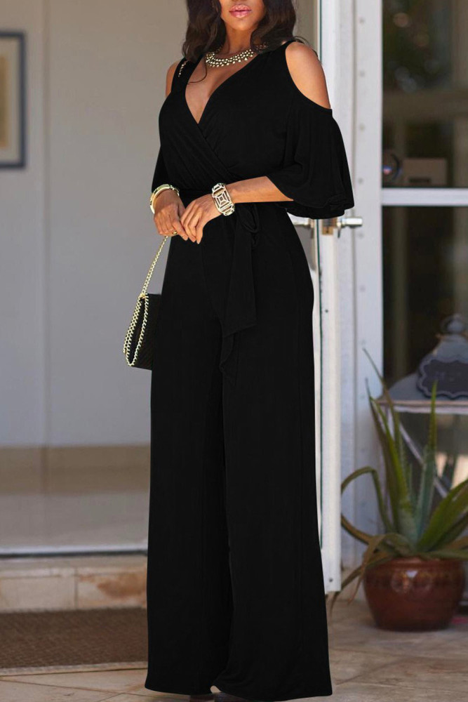 Black V Neck Straps Wide Legs Long Jumpsuit