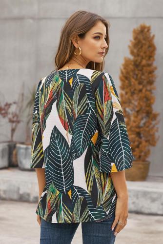 Green Tropical Leaf Print Button Down Blouse