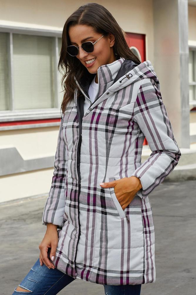 Gray Vintage Plaid Cotton Quilted Trench Coat