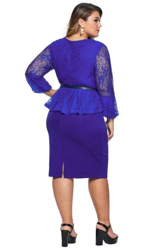 Blue Plus Size Lace Bodice Peplum Dress with Belt