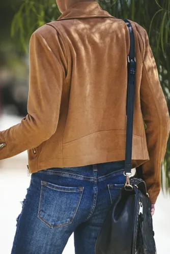 Brown Zipped Notch Collar Short Jacket