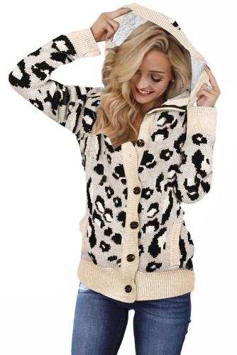 Beige Long Sleeve Button-up Hooded Leopard Print Cardigan