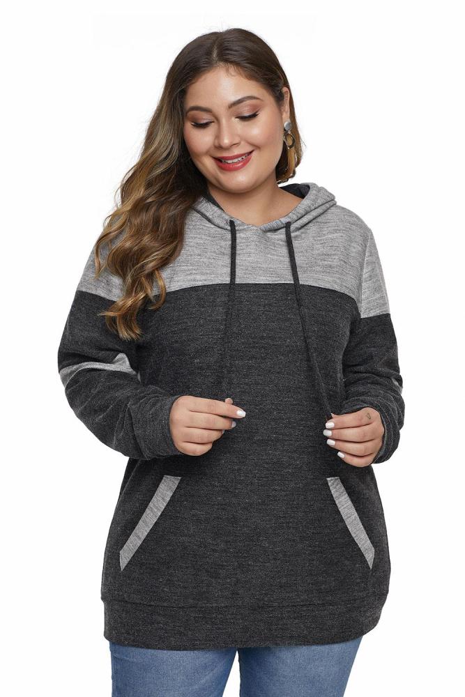 Black Color Block Pullover Plus Size Hoodie with Pocket