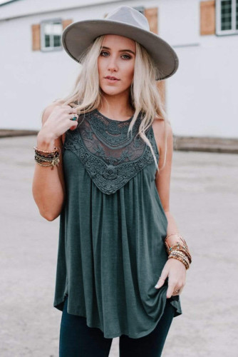 Green Lace Embroidered Sleeveless Top