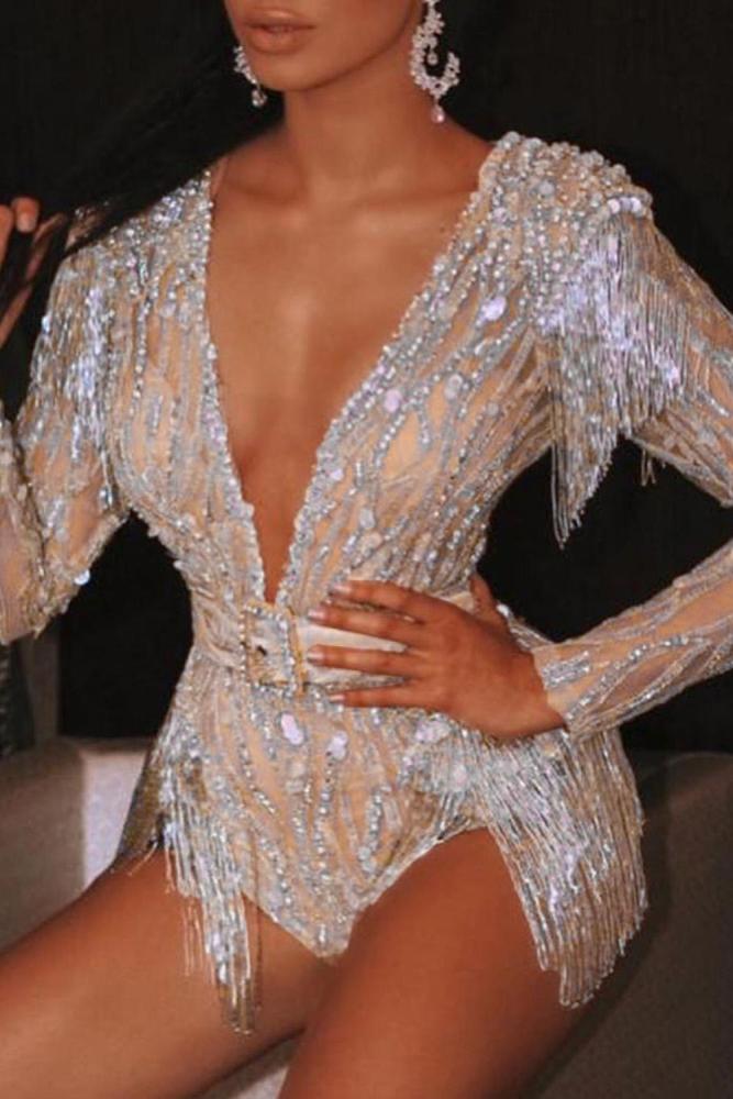 Apricot V Neck Sequin Tassel Romper