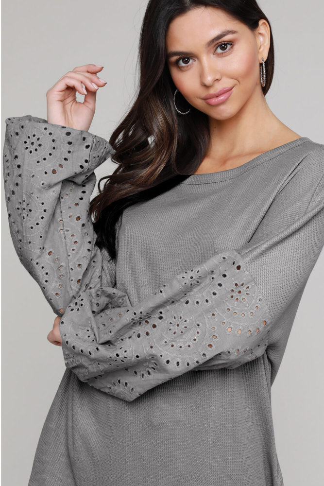Gray Loose Casual Puffy Sleeve Top
