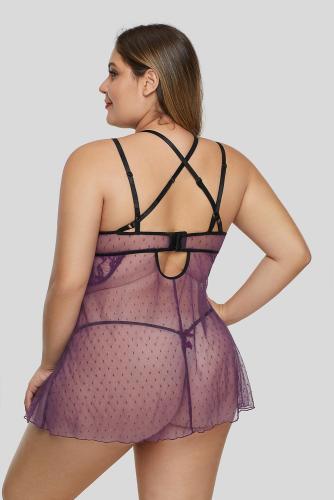 Purple Satin Dotted Mesh Plus Size Lingerie