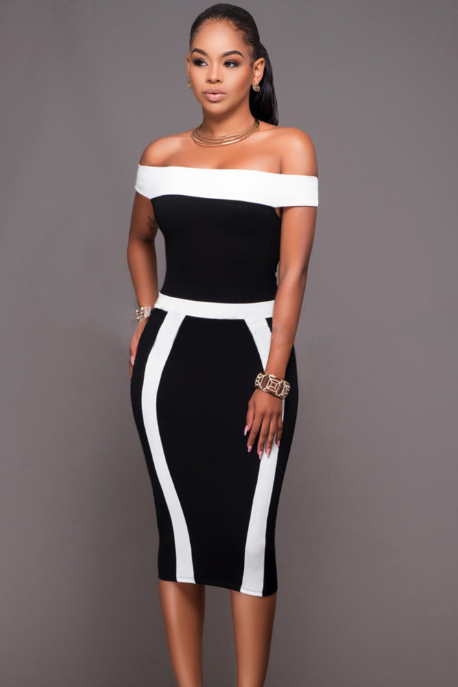 Black White Patchwork Bandeau Boat Neck Off Shoulder Midi Dress