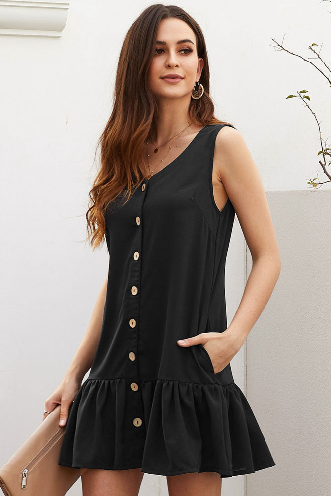 Black Pocketed Button Down Tank Dress