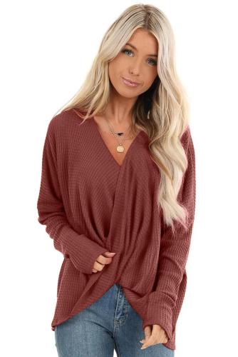 Red Waffle Texture V Neck Twist Long Sleeve Top