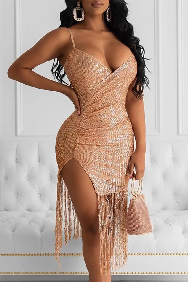 Rose Gold Sequins Ruched Slit Fringe Dress