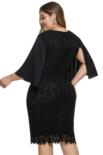 Black Flutter Slit Sleeve Crocthet Lace Plus Size Dress