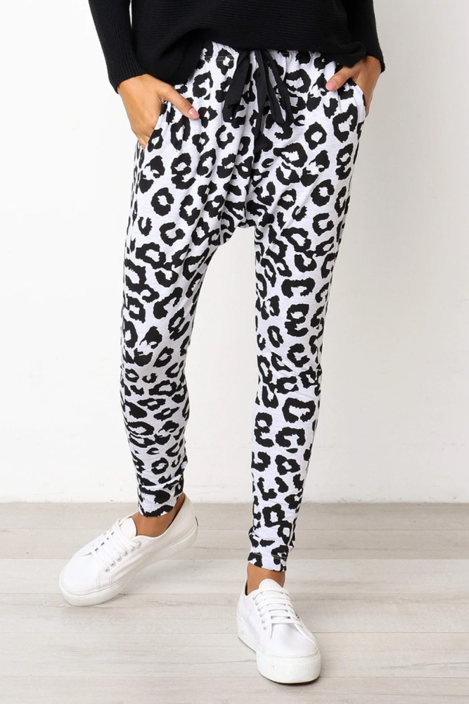 White Leopard Print Drop Crotch Casual Pants