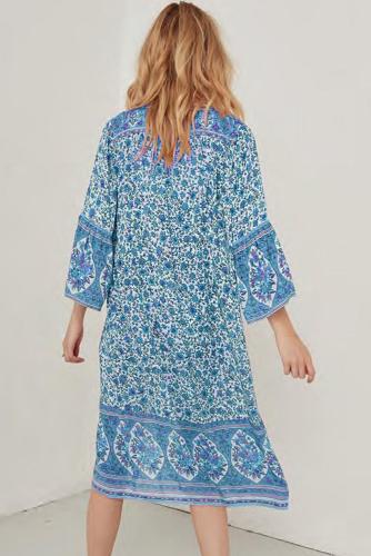 Sky Blue Three-Quarter Sleeve Mid-Calf Print Dress