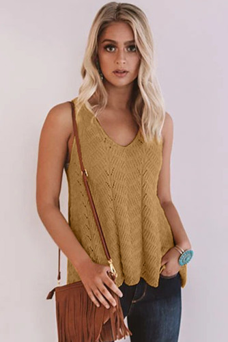 Yellow Flowy Scalloped Hemline Knit Tank Top