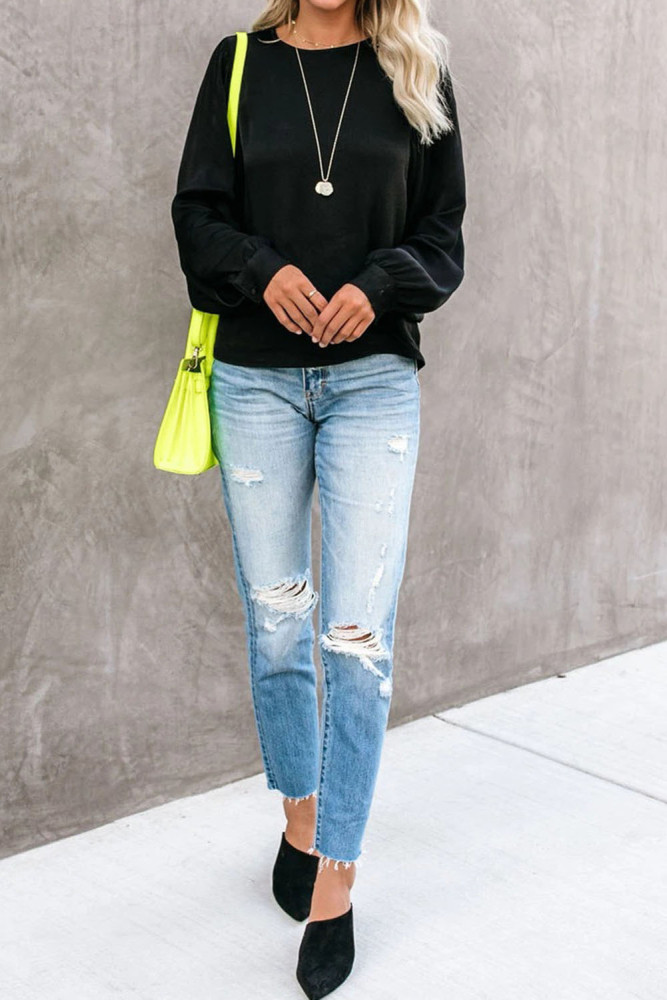 Black Billowy Bell Sleeve Relaxed Fit Pullover Top