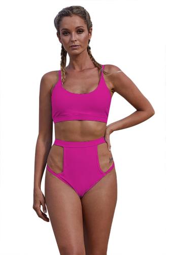 Rose Spaghetti Straps Crop Top Hollow-out Side Bottom Bikini Set