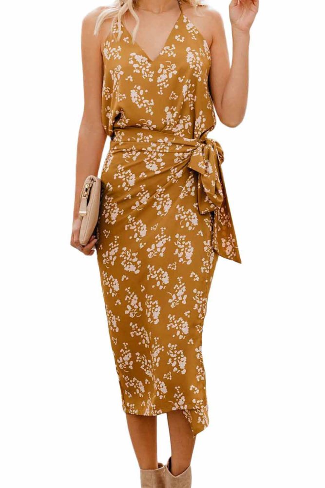 Yellow Floral Wrap Midi Dress