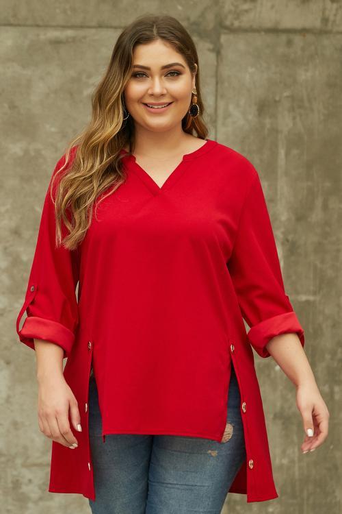 Red V Neck Tab Roll up Sleeve Slits Plus Size Top