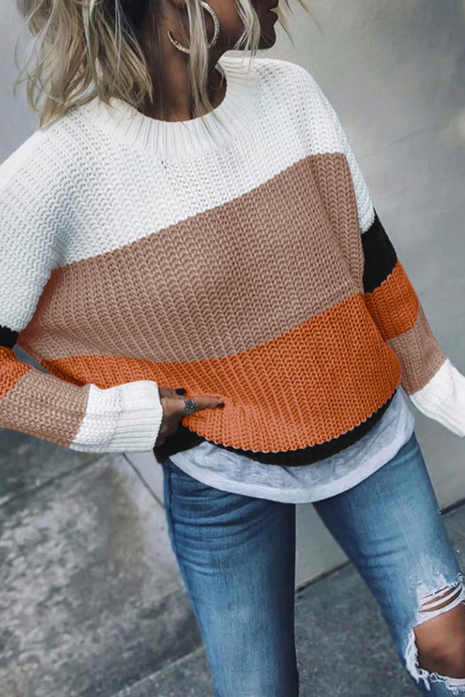 Orange Casual Colorblock Sweater