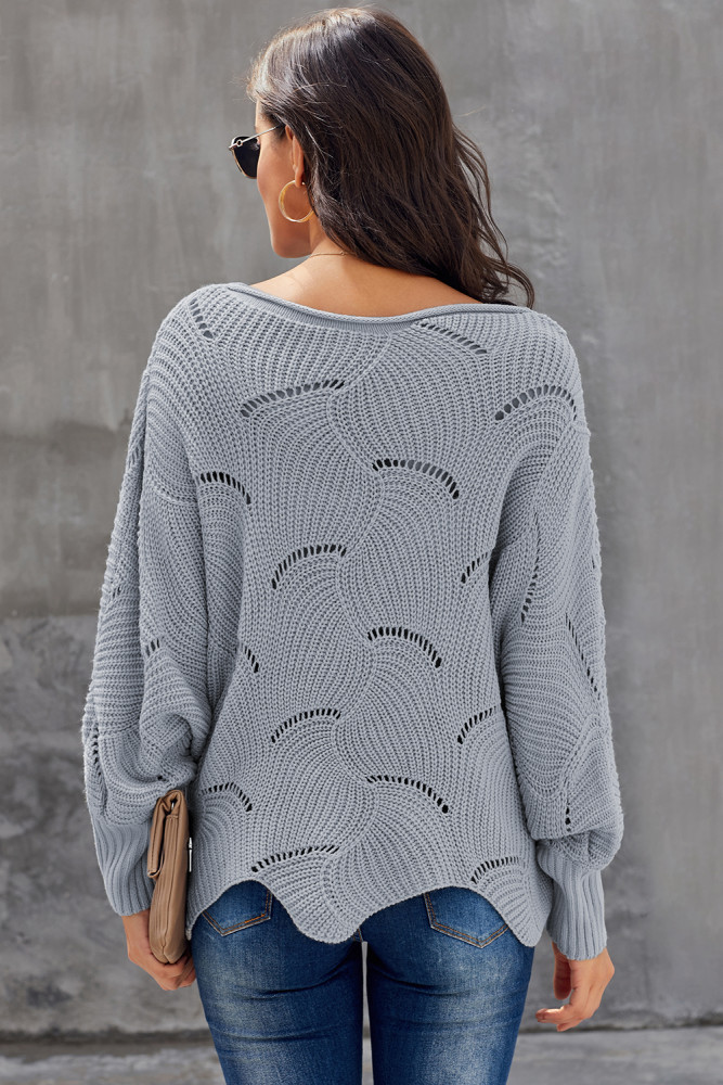Gray Wave Hem Long Batwing Sleeve Hollow Out Elegant Sweater