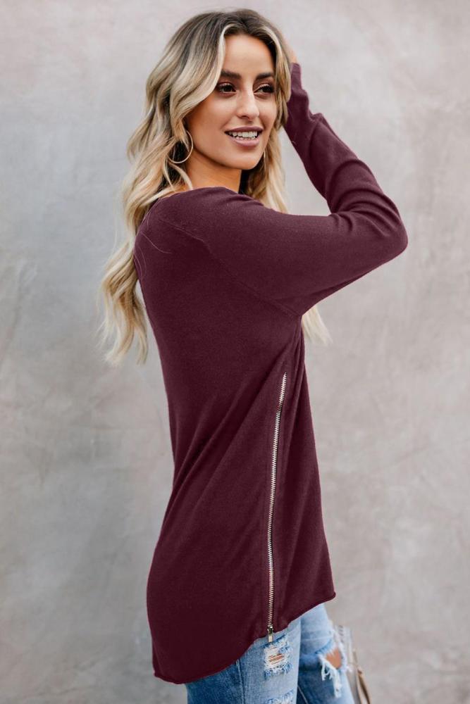 Red Zip Side V Neck Long Sleeve Pullover Top