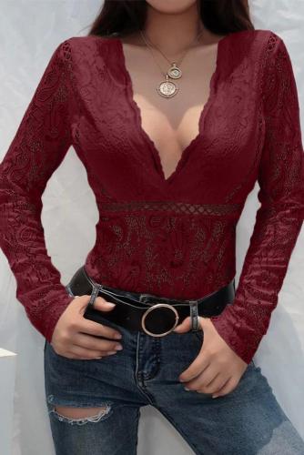 Red Deep V-Neck See Through Skinny Lace Bodysuit