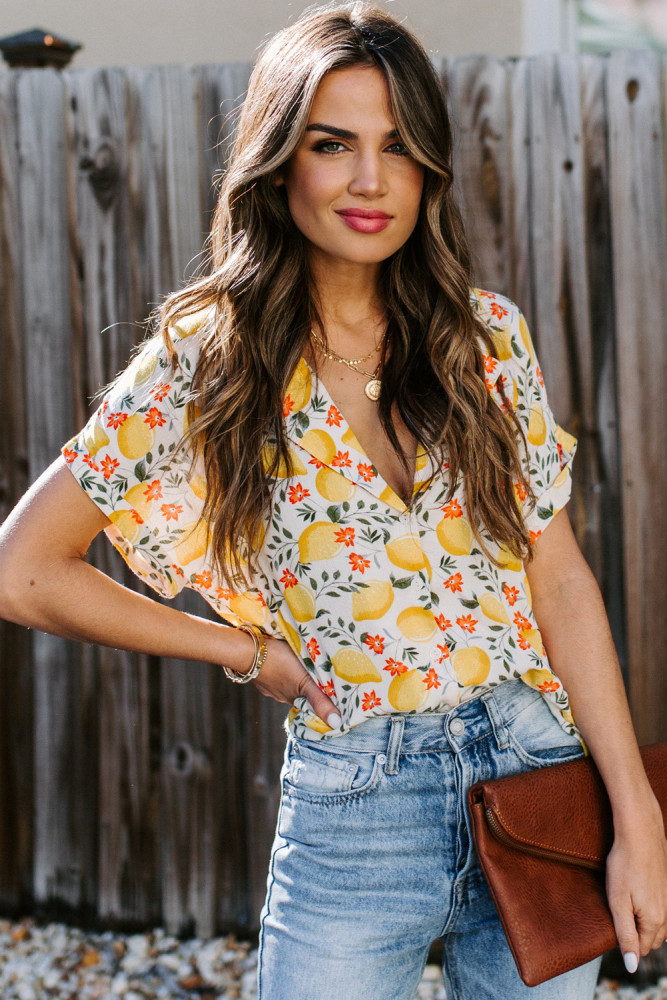Yellow Printed Button Front Top