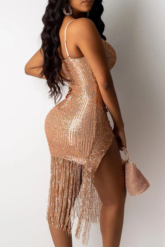 Rose Gold Sequins Ruched Slit Fringe Dress
