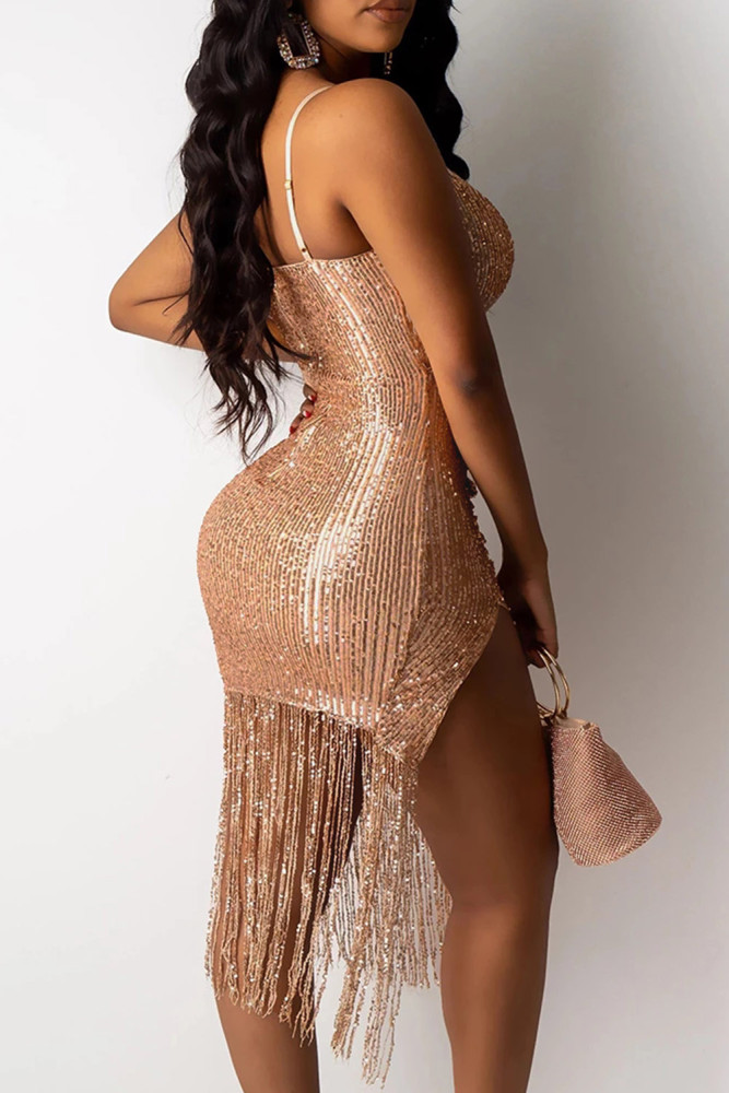 Rose Gold Sequins Ruched Slit Fringe Dress