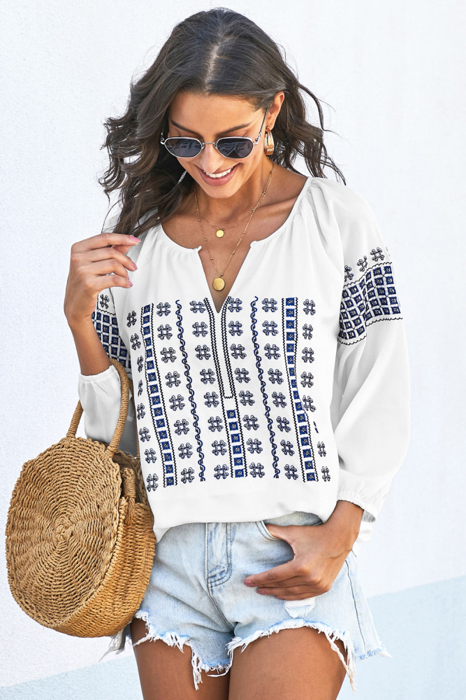 Blue Ethnic Embroidery V Cut Neck 3/4 Sleeve Top