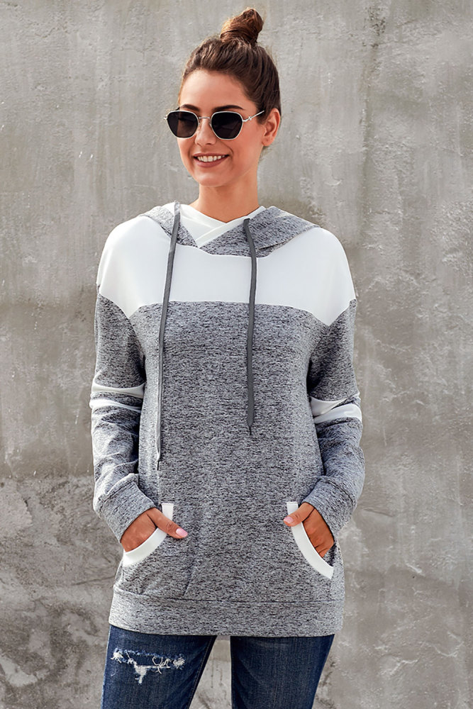 Gray Color Block Pullover Hoodie with Pocket