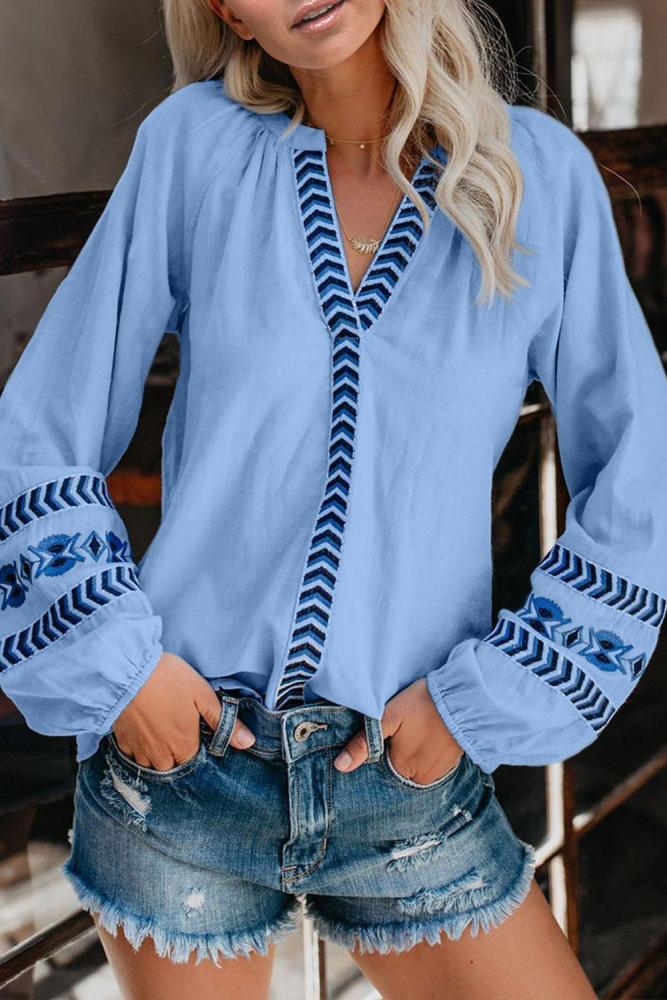 Sky Blue Istanbul Cotton Embroidered Peasant Blouse