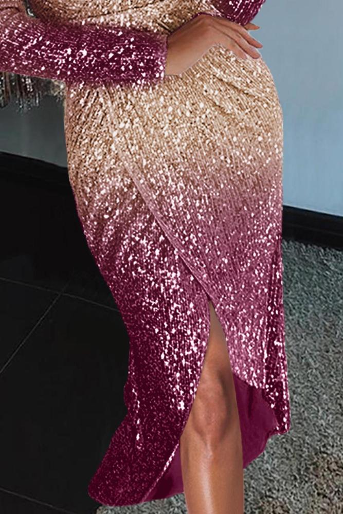 Apricot Ombre Sequin Wrapped Ruched Irregular Dress