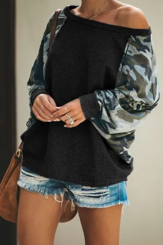 Black Squadron Thermal Camo Contrast Dolman Top