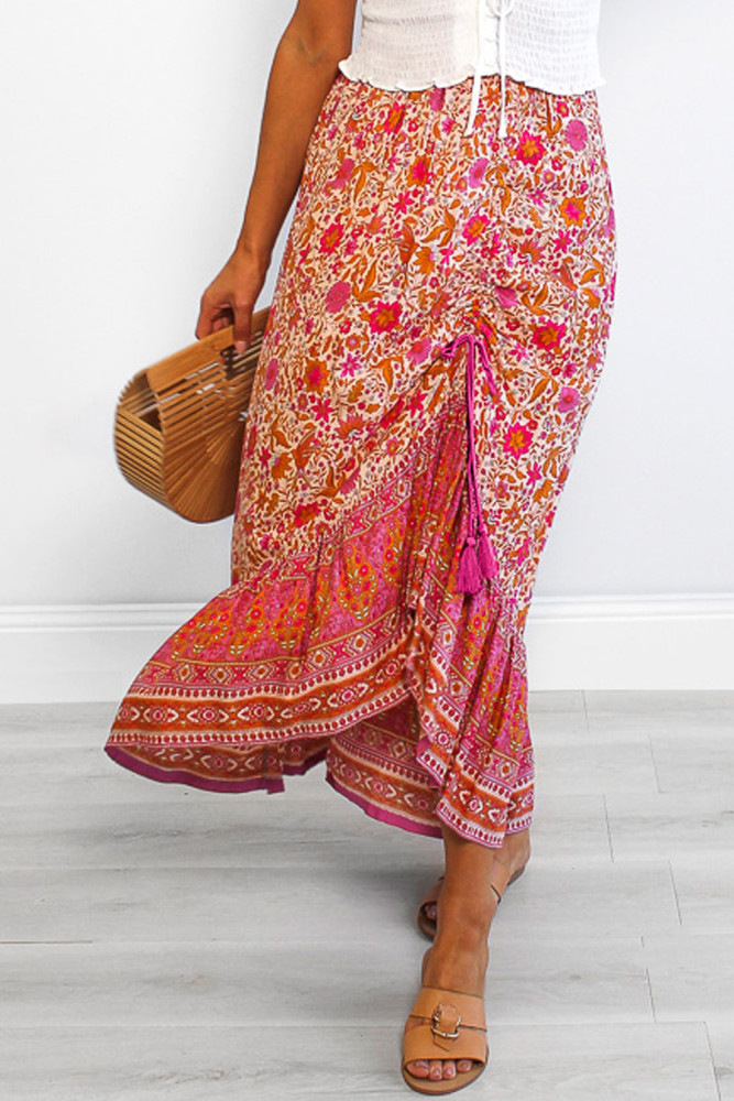 Red Floral Motif Talking Pretty Maxi Skirt