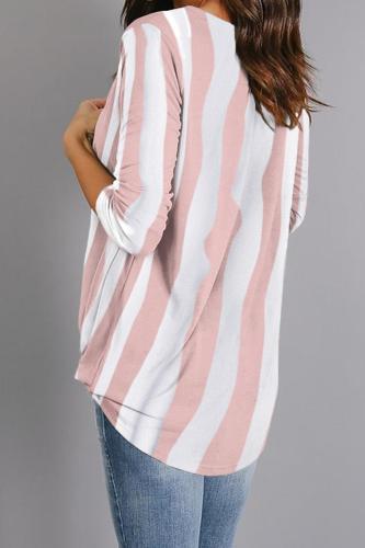 Pink V-Neck Wrap Front Irregular Twist Hem Blouse