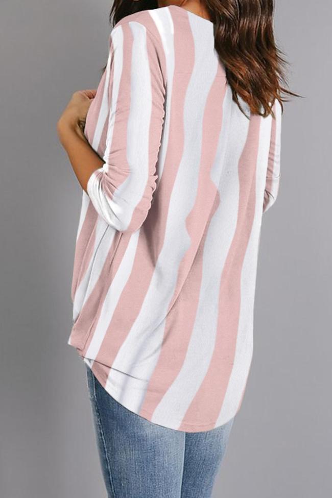 Pink V-Neck Wrap Front Irregular Twist Hem Blouse