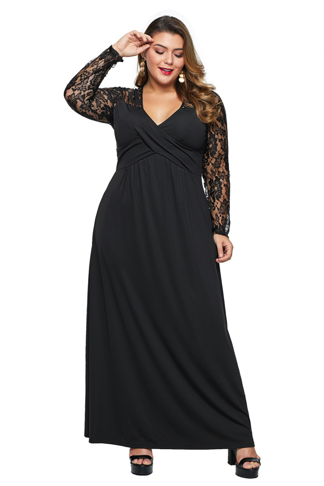 Black Lace Sleeve Cross Wrap Bust Ruched Back Plus Size Dress