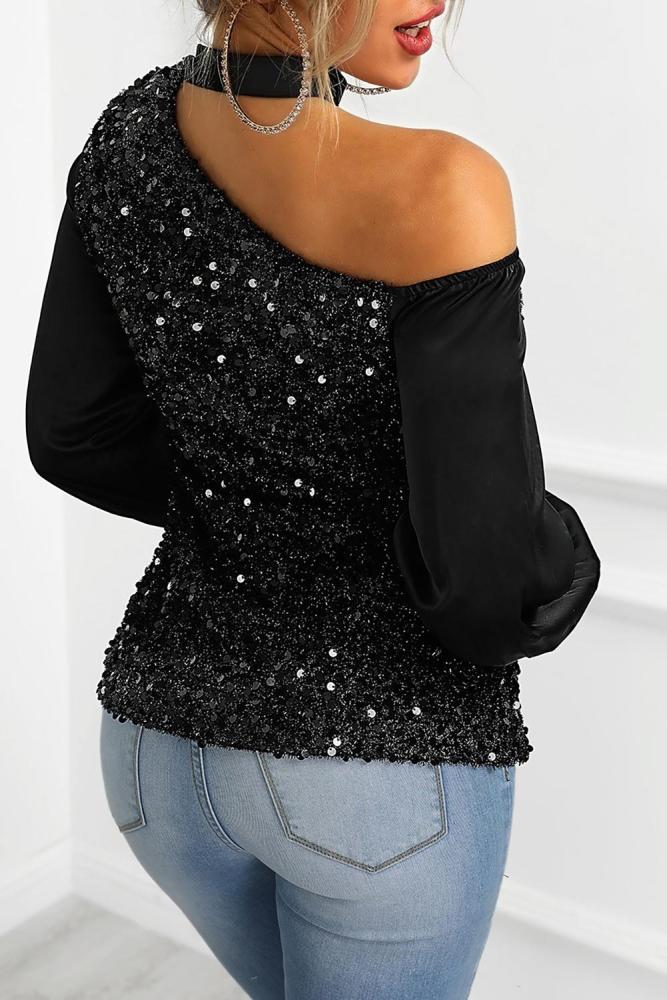 Choker Cut Out Shoulder Sequin Top