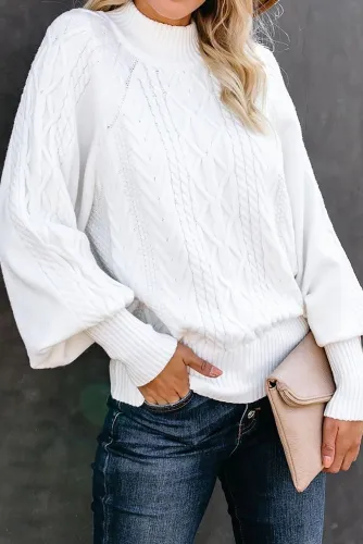 White Housewarming Cable Knit Balloon Sleeve Sweater