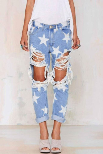 Star Pattern Ripped Boyfriend Jeans