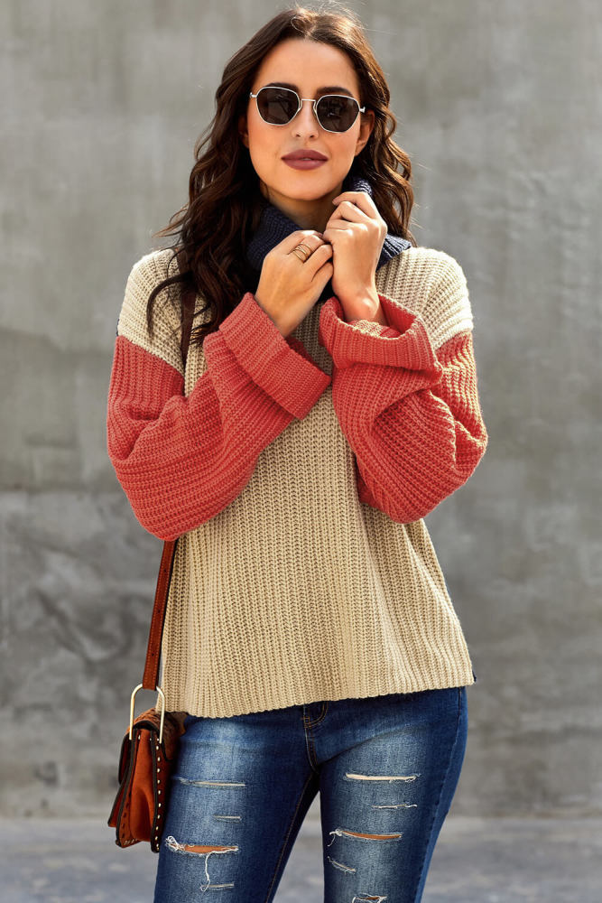Orange Long Sleeve Turtleneck Color Block Pullover Knit Sweater