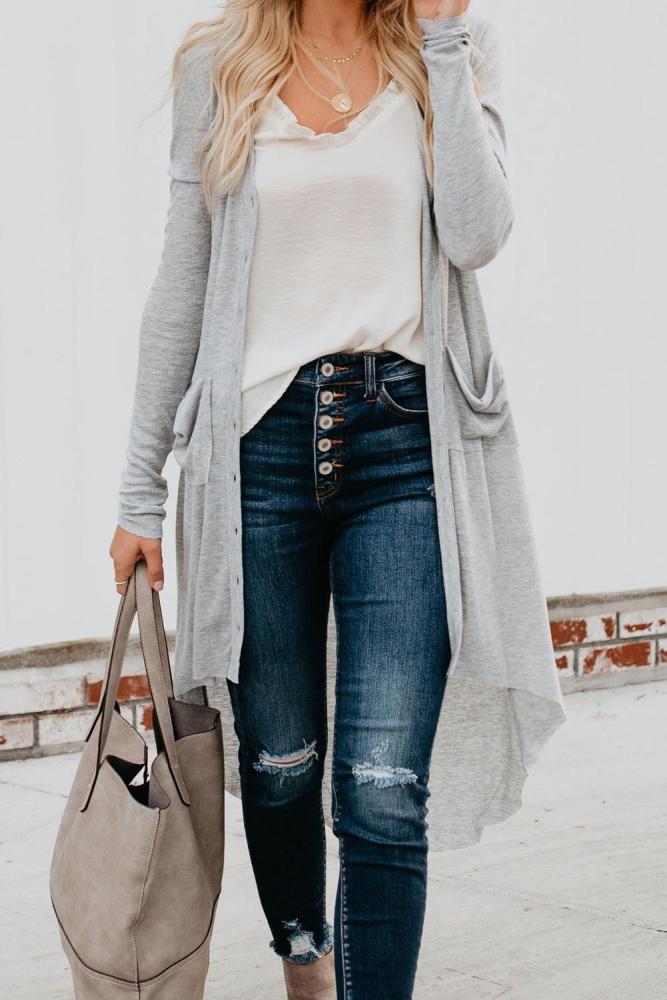 Light Gray Selected Button Down Pocketed High Low Cardigan