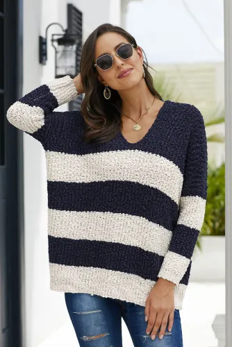 Blue V Neck Loose Color Block Sweater