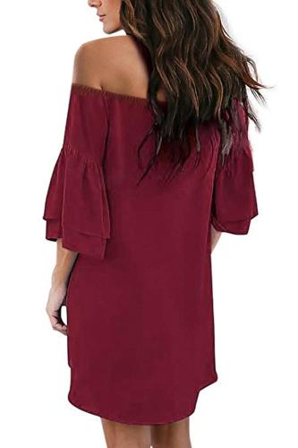 Red Off Shoulder Ruffled Sleeve Shift Dress